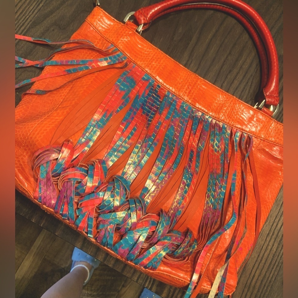 Y2k katherine kwei reptile skin bag Rare spring boho fringe orange blue spring